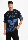Erkek Asit Yıkamalı Oversize Tişört Mavi Kelebek Baskılı Dijital Print Bisiklet Yaka Streetwear T-Shirt - Siyah