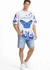 Erkek Asit Yıkamalı Oversize Tişört Mavi Kelebek Baskılı Dijital Print Bisiklet Yaka Streetwear T-Shirt - Beyaz