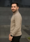 Erkek Balıkcı Yaka Bağazlı Triko Kazak Pamuklu Kalın Fitilli Dokuma, Regular Fit Uzun Kollu Kışlık Model - Bej