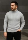 Erkek Balıkcı Yaka Bağazlı Triko Kazak Pamuklu Kalın Fitilli Dokuma, Regular Fit Uzun Kollu Kışlık Model - Gri