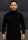 Erkek Balıkcı Yaka Bağazlı Triko Kazak Pamuklu Kalın Fitilli Dokuma, Regular Fit Uzun Kollu Kışlık Model - Siyah