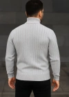 Erkek Balıkcı Yaka Bağazlı Triko Kazak Pamuklu Kalın Fitilli Dokuma, Regular Fit Uzun Kollu Kışlık Model - Gri