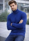 Erkek Balıkcı Yaka Bağazlı Triko Kazak Pamuklu Kalın Fitilli Dokuma, Regular Fit Uzun Kollu Kışlık Model - İndigo