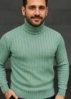 Erkek Balıkcı Yaka Bağazlı Triko Kazak Pamuklu Kalın Fitilli Dokuma, Regular Fit Uzun Kollu Kışlık Model - Mint Yeşili