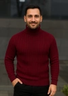 Erkek Balıkcı Yaka Bağazlı Triko Kazak Pamuklu Kalın Fitilli Dokuma, Regular Fit Uzun Kollu Kışlık Model - Bordo