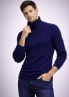 Erkek Balıkcı Yaka Bağazlı Triko Kazak Pamuklu Kalın Fitilli Dokuma, Regular Fit Uzun Kollu Kışlık Model - Lacivert