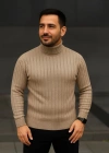 Erkek Balıkcı Yaka Bağazlı Triko Kazak Pamuklu Kalın Fitilli Dokuma, Regular Fit Uzun Kollu Kışlık Model - Bej