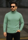 Erkek Balıkcı Yaka Bağazlı Triko Kazak Pamuklu Kalın Fitilli Dokuma, Regular Fit Uzun Kollu Kışlık Model - Mint Yeşili