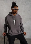 Erkek Baskılı Kapüşonlu Sweat - Gri