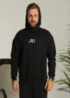 Erkek Baskılı Oversize Üç İplik Kapüşonlu Sweatshirt - Siyah