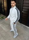 Erkek Çift Şeritli Eşofman Takım Dik Yaka Fermuarlı Sweatshirt Boru Paça Alt, Oversize 3 iplik Pamuklu - Beyaz