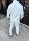Erkek Çift Şeritli Eşofman Takım Dik Yaka Fermuarlı Sweatshirt Boru Paça Alt, Oversize 3 iplik Pamuklu - Beyaz