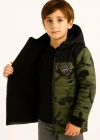 Erkek Çocuk Kamuflaj Desenli Mont İçi Sıcak Tutan Pelüş Astarlı, Kapüşonlu, Fermuarlı Kışlık Su İtici Şişme Mont - Haki