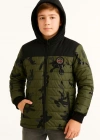 Erkek Çocuk Kamuflaj Desenli Mont İçi Sıcak Tutan Pelüş Astarlı, Kapüşonlu, Fermuarlı Kışlık Su İtici Şişme Mont - Haki