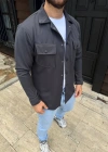 Erkek Diagonal Kumaş Cepli Çıtçıtlı uzun Kollu, Gömlek Oversize Rahat Kalıp Günlük Şık Stil - Füme