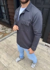 Erkek Diagonal Kumaş Cepli Çıtçıtlı uzun Kollu, Gömlek Oversize Rahat Kalıp Günlük Şık Stil - Füme