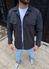 Erkek Diagonal Kumaş Cepli Çıtçıtlı uzun Kollu, Gömlek Oversize Rahat Kalıp Günlük Şık Stil - Füme