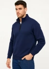 Erkek Dik Yaka Sweatshirt Dik Yaka Yarım Fermuarlı 3 İplik Şardonlu Pamuk Kumaş - Lacivert
