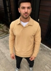 Erkek Fitilli Polar Sweatshirt – Düğmesiz Polo Yaka, Oversize Rahat Kalıp, Kalın Polar Kumaş, Kışlık ve Baharlık Şık Günlük Üst - Bej