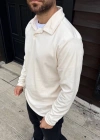 Erkek Fitilli Polar Sweatshirt – Düğmesiz Polo Yaka, Oversize Rahat Kalıp, Kalın Polar Kumaş, Kışlık ve Baharlık Şık Günlük Üst - Beyaz
