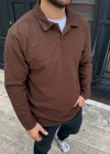 Erkek Fitilli Polar Sweatshirt – Düğmesiz Polo Yaka, Oversize Rahat Kalıp, Kalın Polar Kumaş, Kışlık ve Baharlık Şık Günlük Üst - Kahverengi