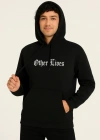 Erkek Kapşonlu Sweatshirt – Oversize Üç İplik Şardonlu Hoodie, “Other Lives” Ön & Arka Baskılı, Kanguru Cepli, Kışlık Rahat Günlük Stil - Siyah