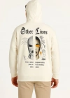 Erkek Kapşonlu Sweatshirt – Oversize Üç İplik Şardonlu Hoodie, “Other Lives” Ön & Arka Baskılı, Kanguru Cepli, Kışlık Rahat Günlük Stil - Beyaz
