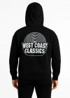 Erkek Kapşonlu Sweatshirt – Oversize Üç İplik Şardonlu Hoodie, “West Coast Classics” Ön & Arka Baskılı, Kanguru Cepli Kışlık Günlük Stil - Siyah