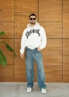 Erkek Kapüşonlu 3 İplik Şardonlu Önü Baskılı Fermuarlı Oversize Sweatshirt - Beyaz