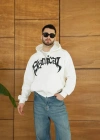 Erkek Kapüşonlu 3 İplik Şardonlu Önü Baskılı Fermuarlı Oversize Sweatshirt - Beyaz