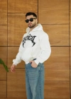 Erkek Kapüşonlu 3 İplik Şardonlu Önü Baskılı Fermuarlı Oversize Sweatshirt - Beyaz