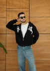 Erkek Kapüşonlu 3 İplik Şardonlu Önü Baskılı Fermuarlı Oversize Sweatshirt - Siyah