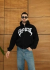 Erkek Kapüşonlu 3 İplik Şardonlu Önü Baskılı Fermuarlı Oversize Sweatshirt - Siyah