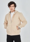 Erkek Kapüşonlu Düz Fermuarlı Hırka - Bej