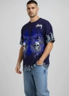Erkek Lacivert Oversize Tişört Dragon & Kuru Kafa Baskılı Bisiklet Yaka Streetwear T-Shirt - Lacivert