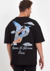 Erkek Melek Baskılı Oversize T-shirt - Siyah