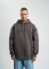 Erkek Nakış İşlemeli Kapşonlu Antrasit Sweatshirt Üç İplik Double Oversize- Füme