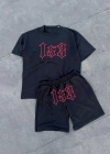 Erkek Nakış İşlemeli Şortlu Takım - Siyah