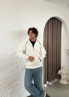 Erkek Oversize Dik Yaka Fermuarlı Sweatshirt - Zincir Nakışli Kanguru Cepli - Beyaz