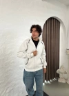 Erkek Oversize Dik Yaka Fermuarlı Sweatshirt - Zincir Nakışli Kanguru Cepli - Beyaz