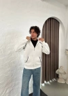 Erkek Oversize Dik Yaka Fermuarlı Sweatshirt - Zincir Nakışli Kanguru Cepli - Beyaz