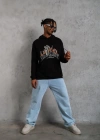 Erkek Oversize Kapüşonlu Sweatshirt – Siyah Renk Üç İplik İçi Pamuklu Kanguru Cepli Baskılı Hoodie Rahat Kalıp Kışlık Günlük Kombinlere Uygun - Siyah