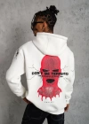 Erkek Oversize Üç İplik Kapüşonlu Sweatshirt – “Don’t Be Terrified” Ön, Sırt ve Kol Baskılı, Kanguru Cepli, Ribanalı Rahat Model - Beyaz