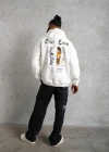 Erkek Oversize Üç İplik Şardonlu Kapüşonlu Sweatshirt – Beyaz “Other Lives” Ön ve Arka Baskılı, Kanguru Cepli, Ribanalı Rahat Kışlık Model Beyaz