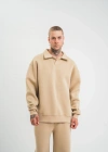 Erkek Patlı Yaka Üç İplik Pamuklu Sweatshirt Double Oversize Rahat Kalıp Günlük Kullanım – Bej