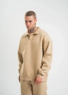 Erkek Patlı Yaka Üç İplik Pamuklu Sweatshirt Double Oversize Rahat Kalıp Günlük Kullanım – Bej