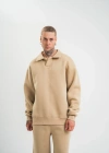 Erkek Patlı Yaka Üç İplik Pamuklu Sweatshirt Double Oversize Rahat Kalıp Günlük Kullanım – Bej