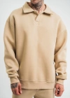 Erkek Patlı Yaka Üç İplik Pamuklu Sweatshirt Double Oversize Rahat Kalıp Günlük Kullanım – Bej