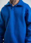Erkek Patlı Yaka Üç İplik Pamuklu Sweatshirt Double Oversize Rahat Kalıp Günlük Kullanım - Mavi