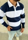 Erkek Polo Yaka Uzun Kollu Çizgili Sweatshirt Trend Rugby Stil - Lacivert